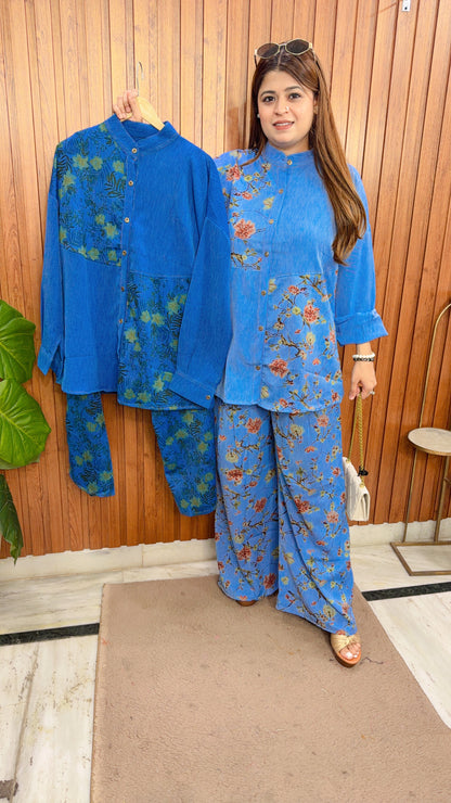 Collar Neck Printed Cotton Denim Coord Set