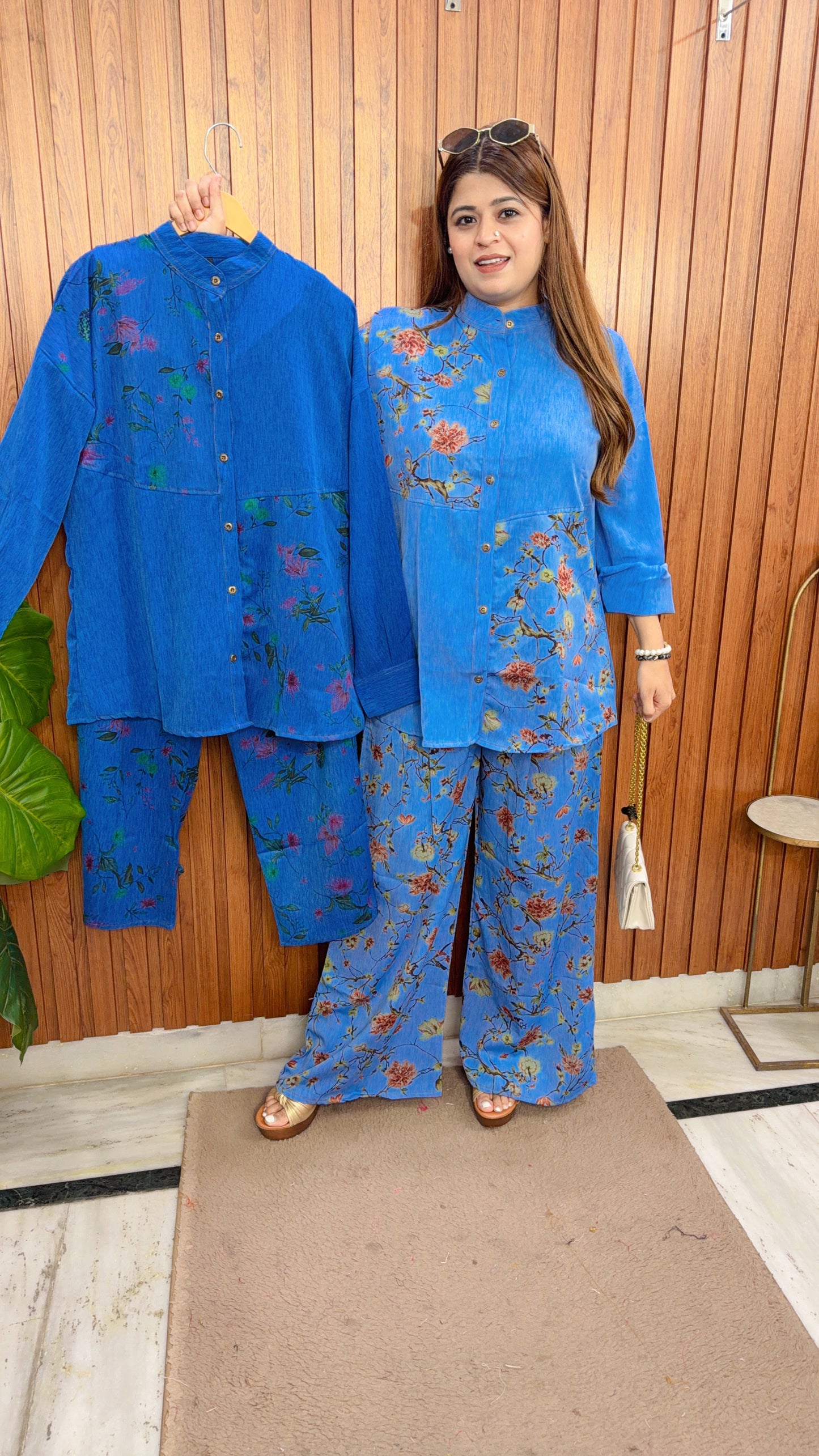 Collar Neck Printed Cotton Denim Coord Set
