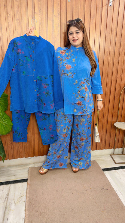 Collar Neck Printed Cotton Denim Coord Set