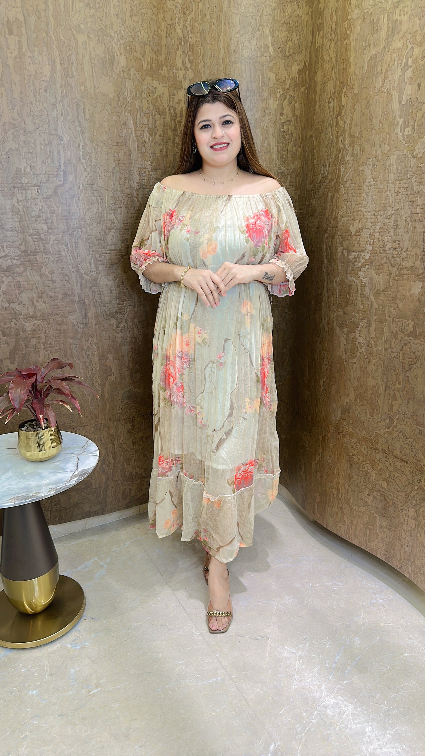 Off Shoulder Pleated Georgette Dress