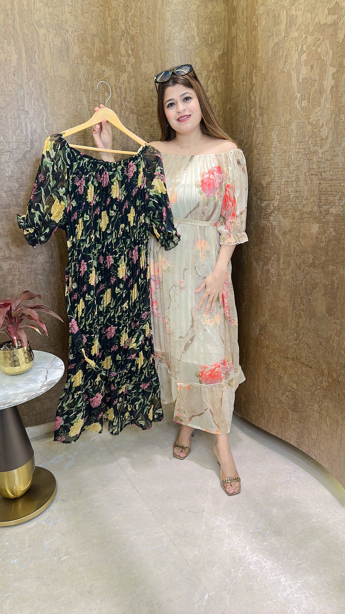 Off Shoulder Pleated Georgette Dress