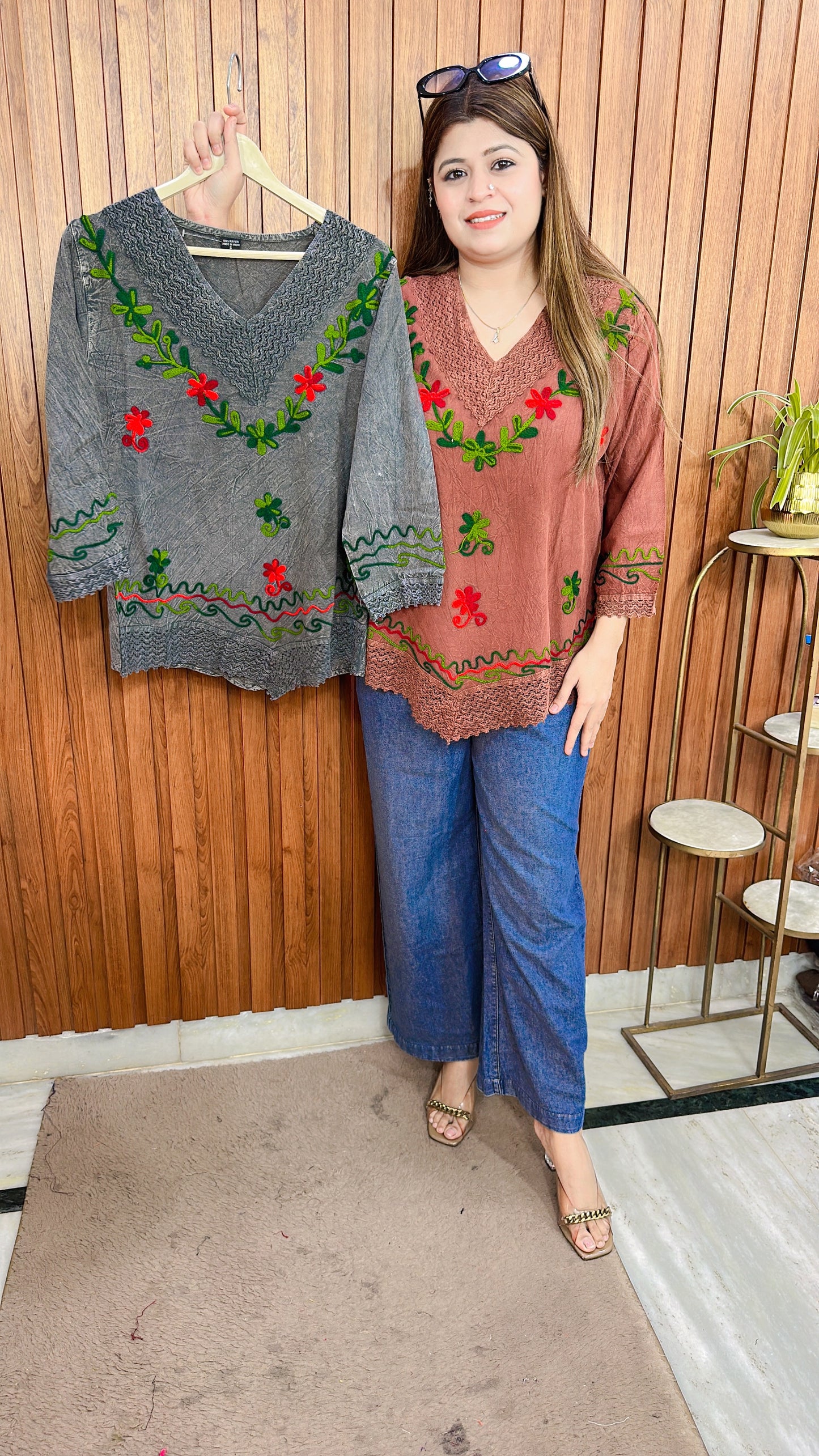 Embroidery V Neck Top