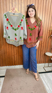 Embroidery V Neck Top