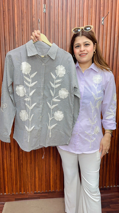 White stripe rose embroidery cotton shirt