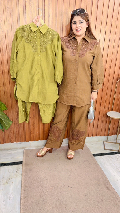 Pearl Neck Cotton Linen Coord Set