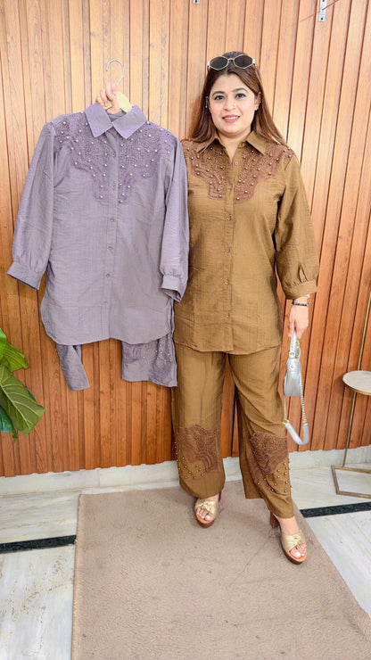 Pearl Neck Cotton Linen Coord Set