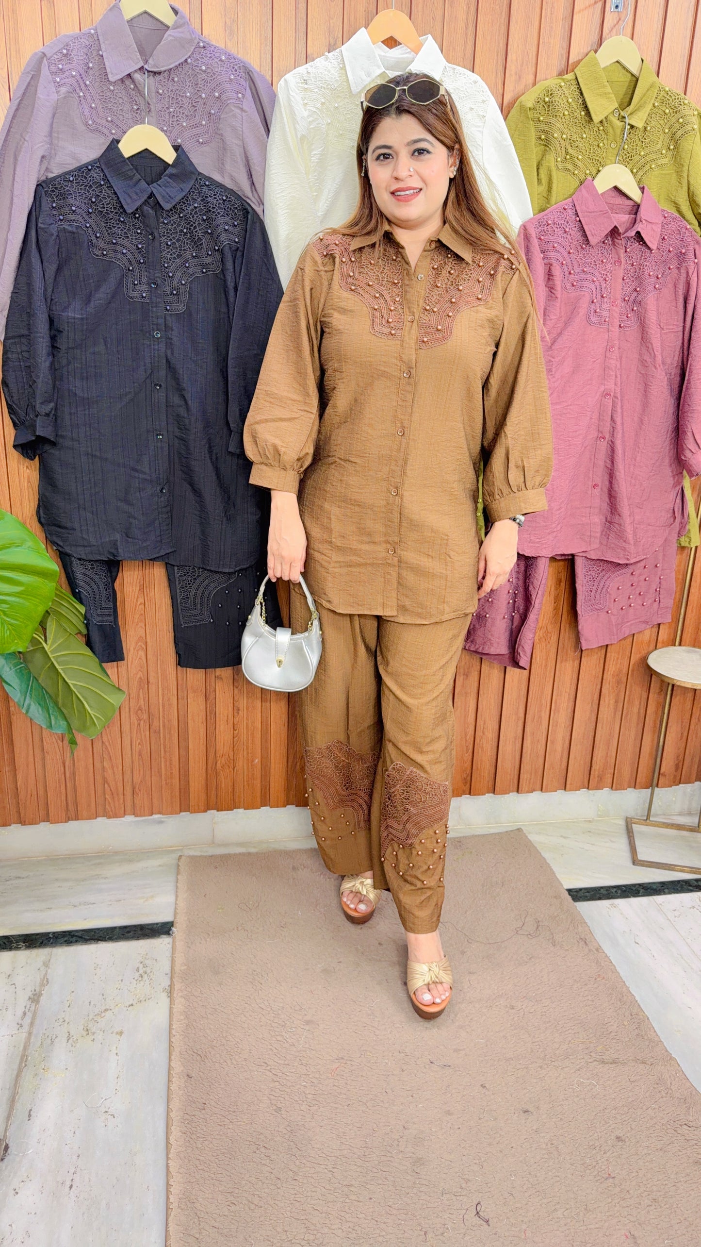 Pearl Neck Cotton Linen Coord Set