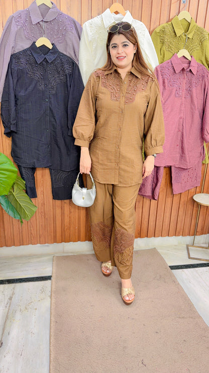 Pearl Neck Cotton Linen Coord Set
