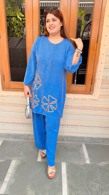 Flower Embroidery Denim Farshi Coord Set