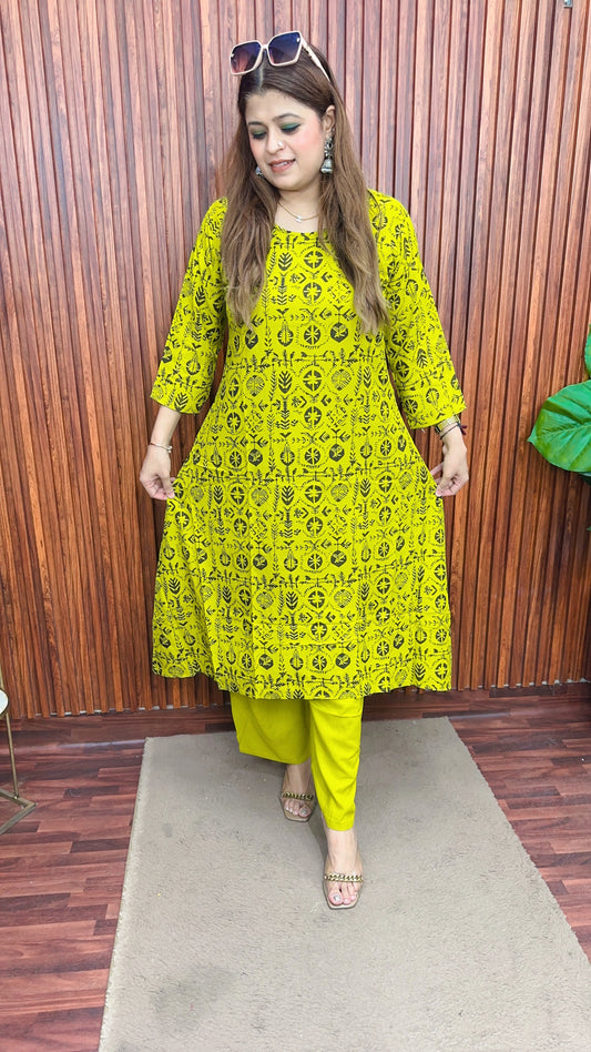 A line C cut cotton print kurta set