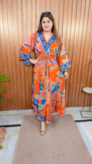V Neck China Silk Digital Dress