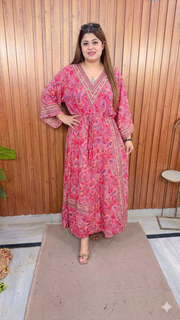 V Neck China Silk Digital Dress