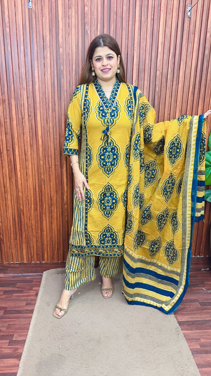 Mustard floral Pure cotton suit set