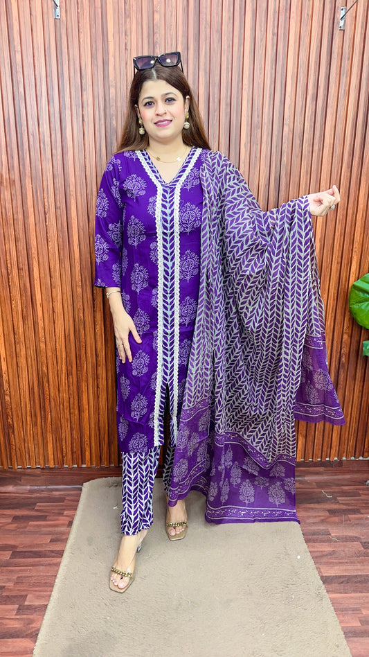 Block print front slit cotton suit