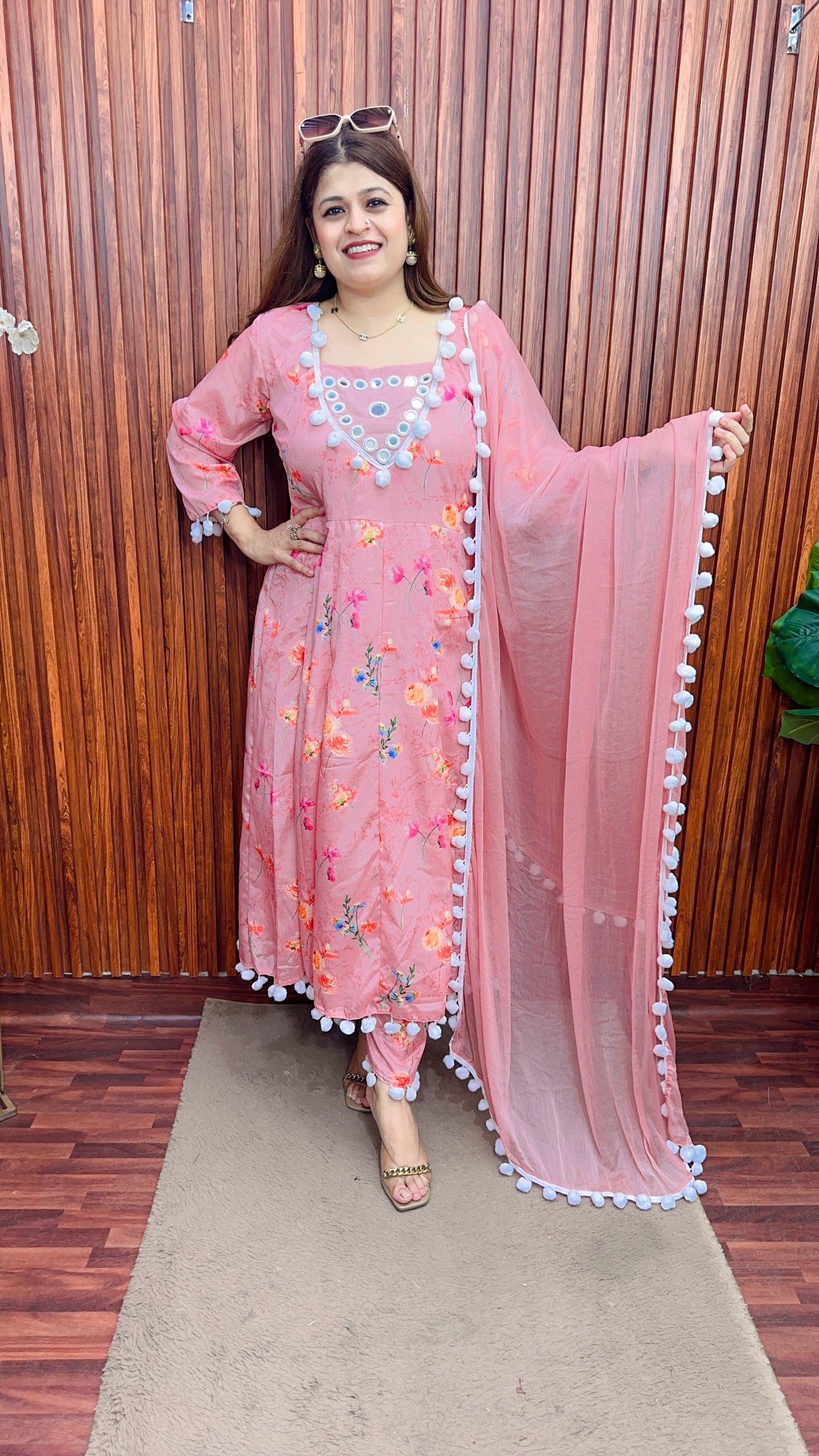 Premium Pom Pom Georgette chinon Anarkali suit
