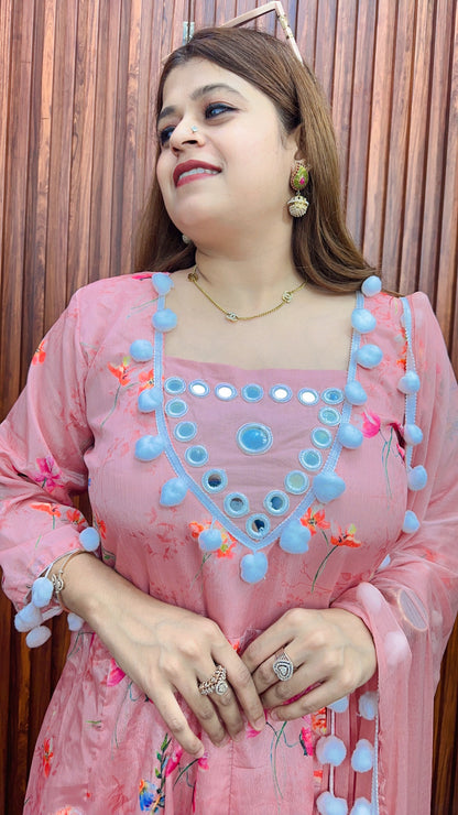 Premium Pom Pom Georgette chinon Anarkali suit
