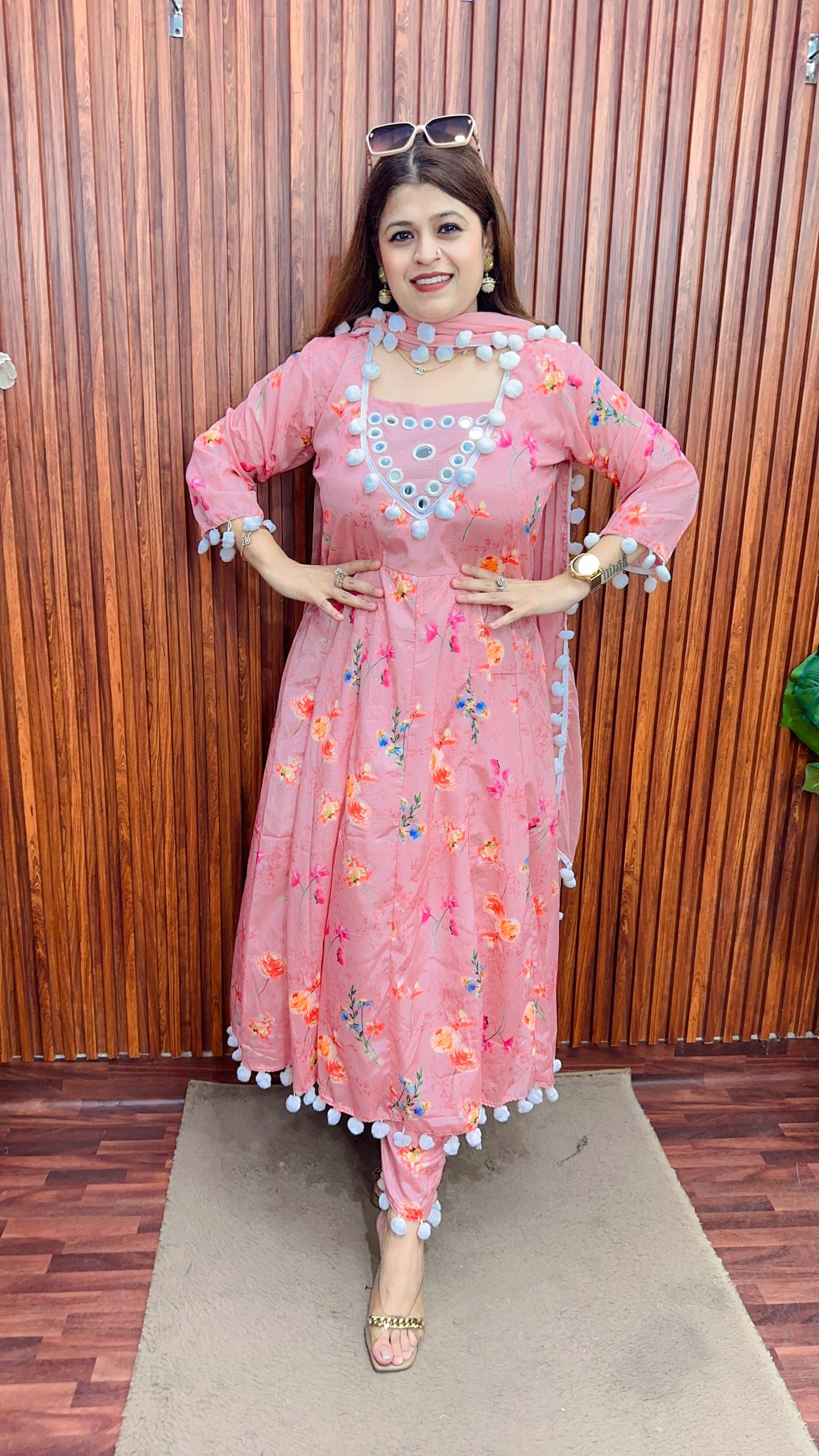 Premium Pom Pom Georgette chinon Anarkali suit