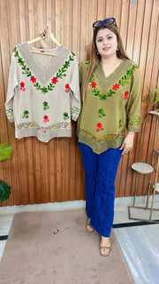 Embroidery V Neck Top
