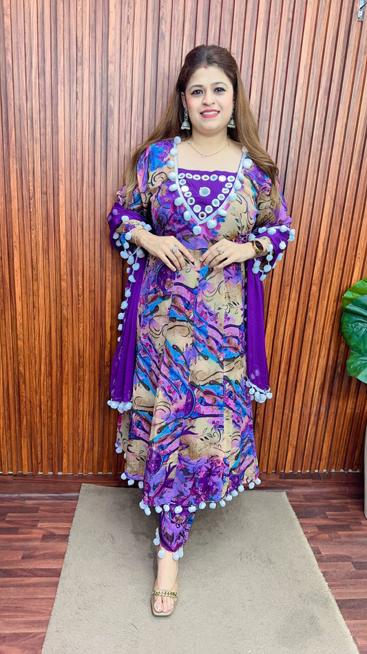 Premium Pom Pom Georgette chinon Anarkali suit