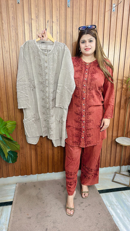 Premium cotton marble Lakhnavi coord set