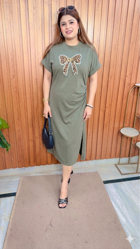 Leopard Bow Imported Lycra Dress