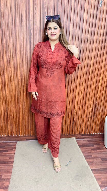 Premium cotton marble Lakhnavi coord set