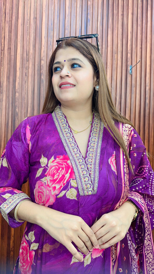 V neck zari suit set
