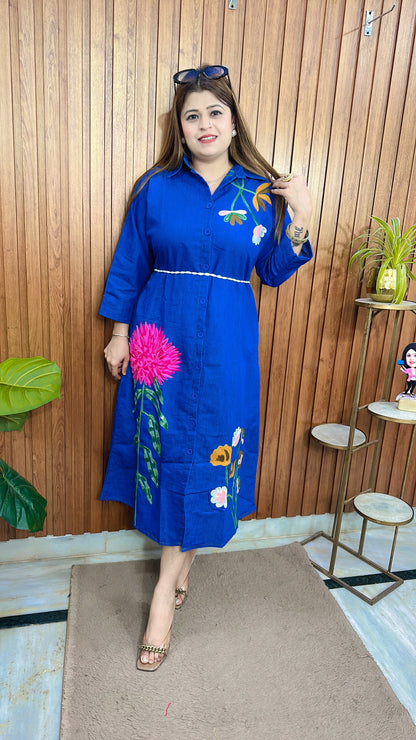 Pink Flower Embroidery Denim Dress