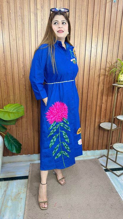 Pink Flower Embroidery Denim Dress