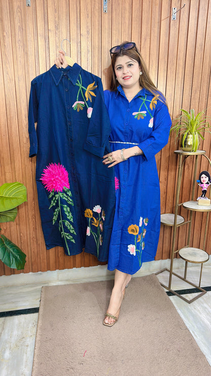 Pink Flower Embroidery Denim Dress