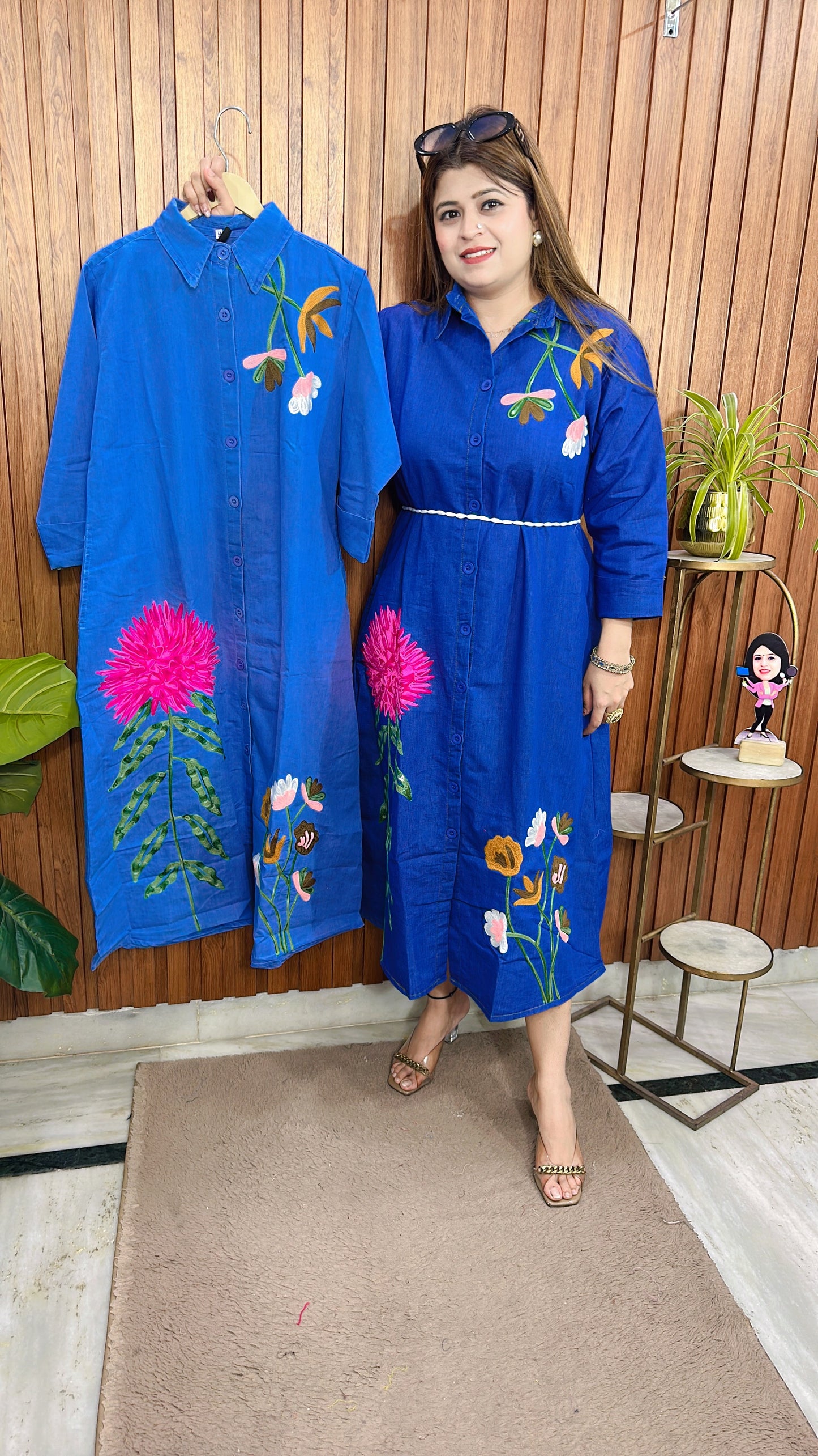 Pink Flower Embroidery Denim Dress