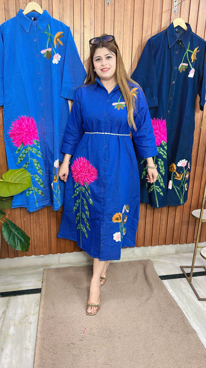 Pink Flower Embroidery Denim Dress