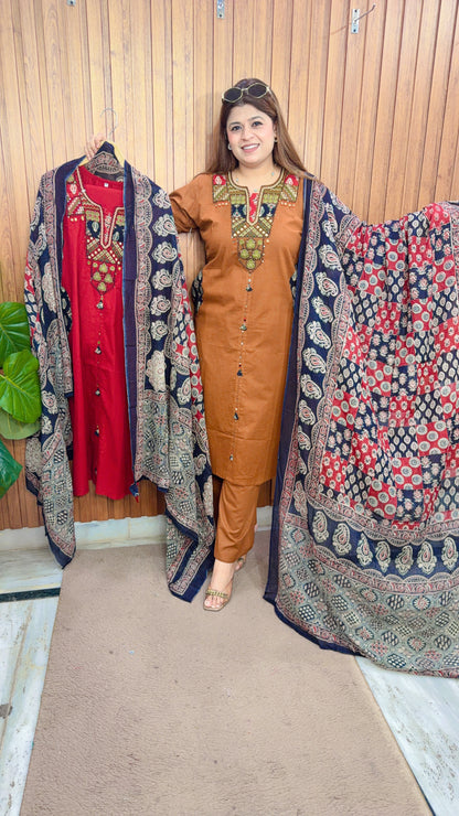 Kashi Embroidery Pure Cotton Three Piece Suit