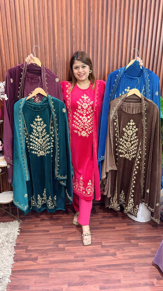 Front Big Flower Velvet Suit Set