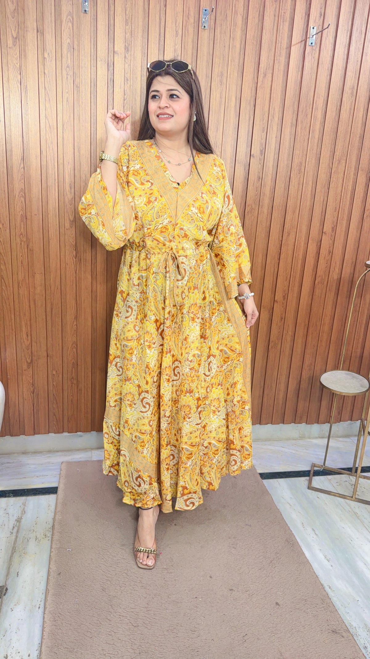 V Neck China Silk Digital Dress