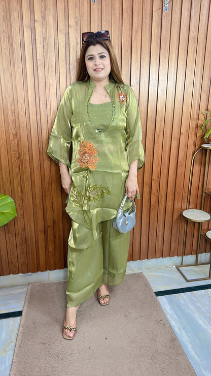 Glass Tissue Embroidery Three Piece Coord set