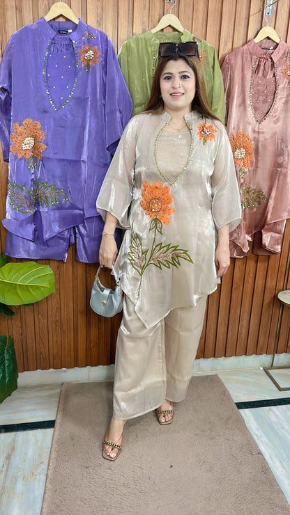 Glass Tissue Embroidery Three Piece Coord set