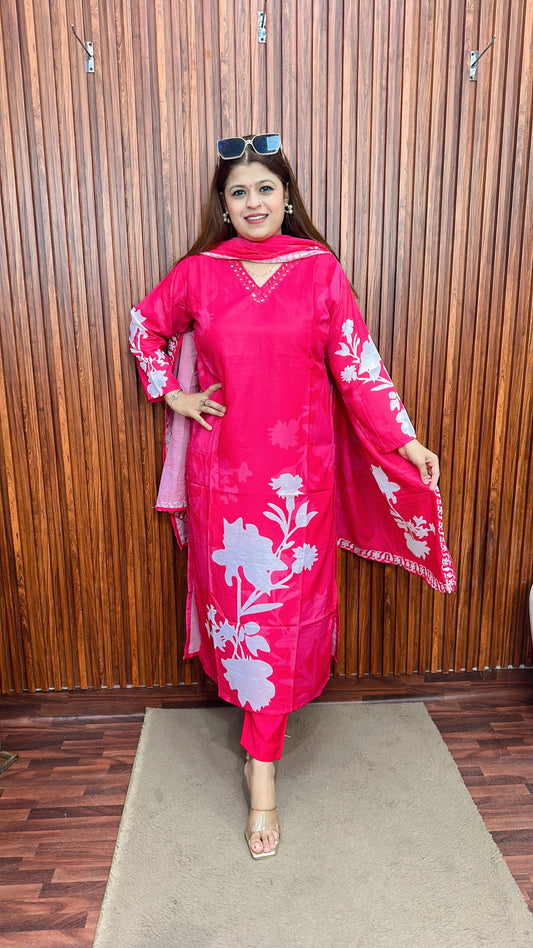 Classy V neck digital Muslin suit set