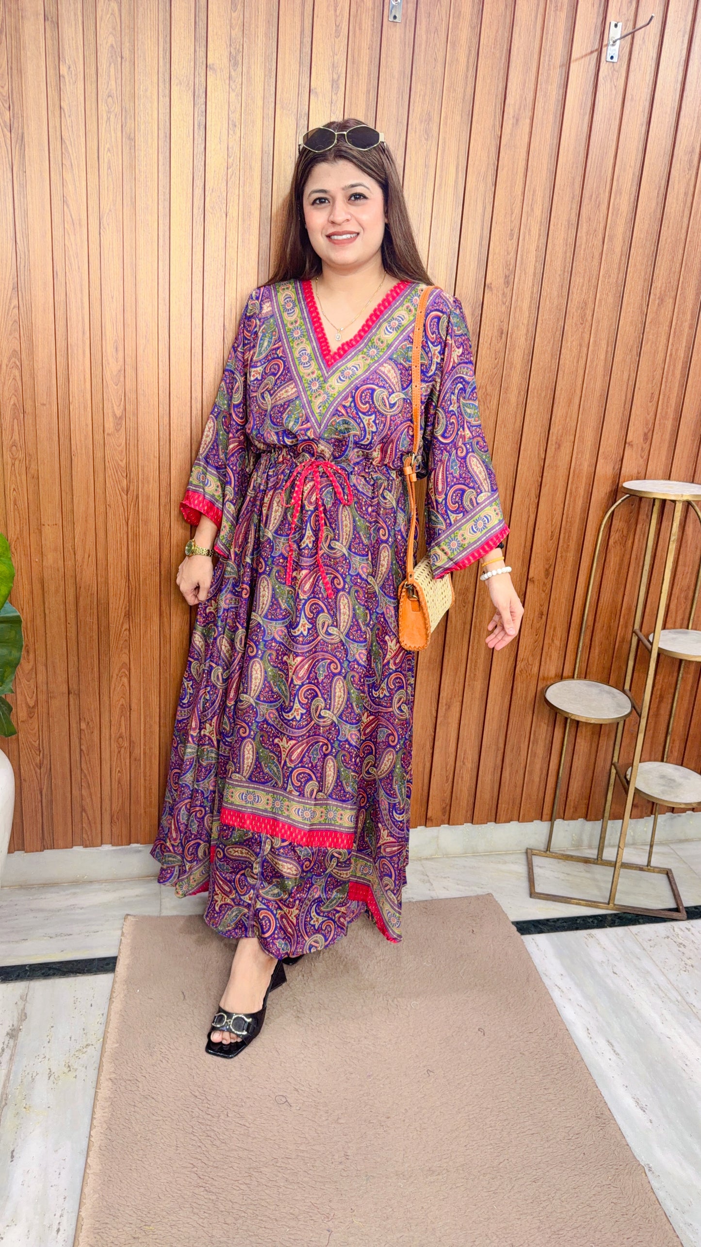 V Neck China Silk Digital Dress
