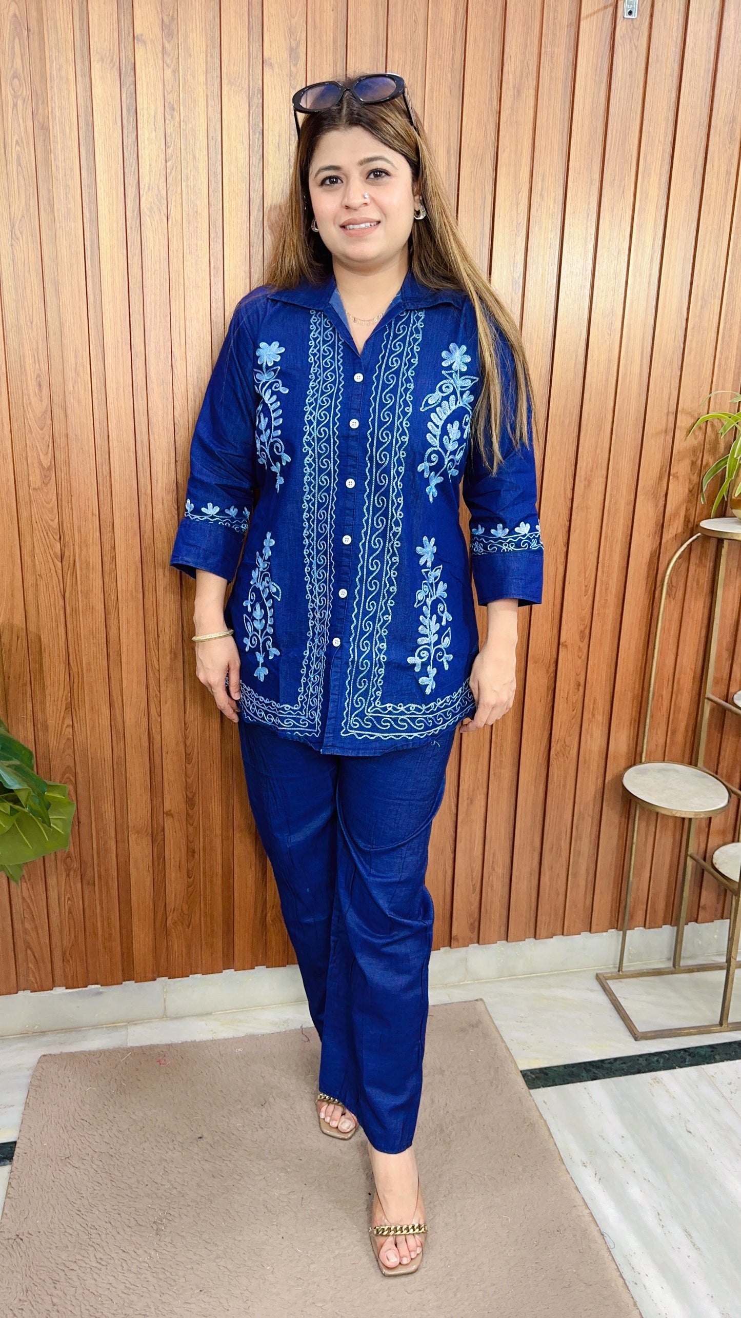 Flower Embroidery Denim Coord set