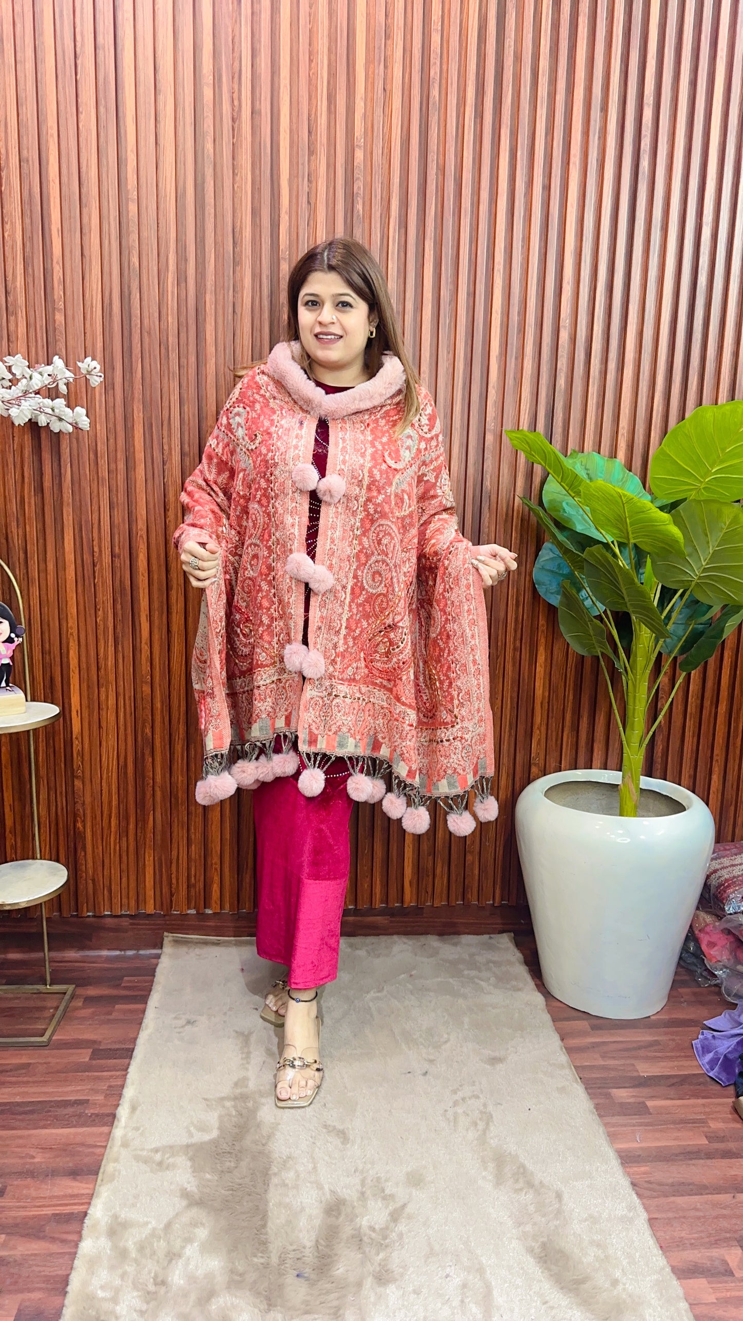 Fur Pashmina Ponchu Shrug with kantha