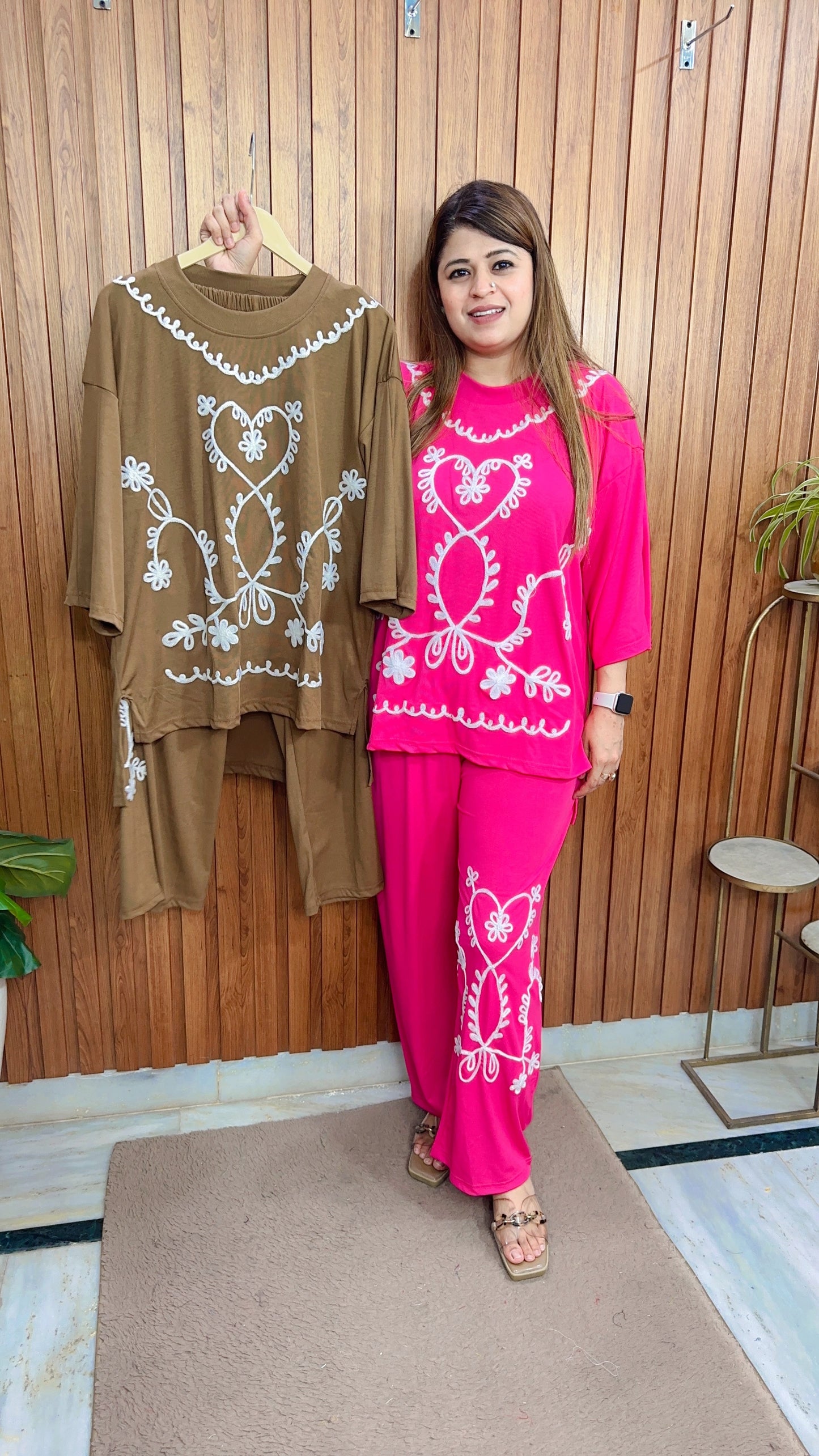 Heart Embroidery Ribbed Coord set