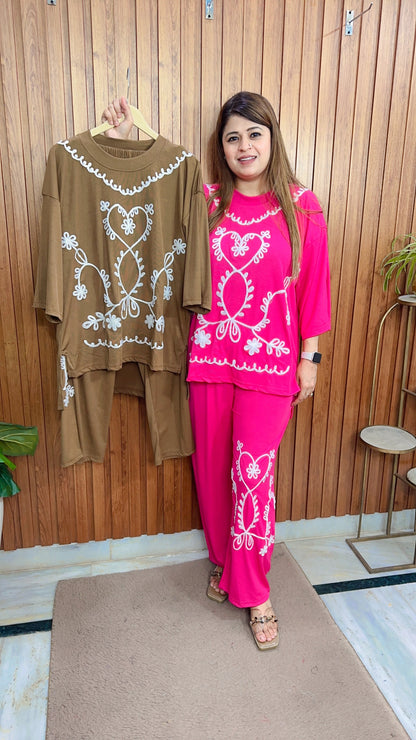 Heart Embroidery Ribbed Coord set