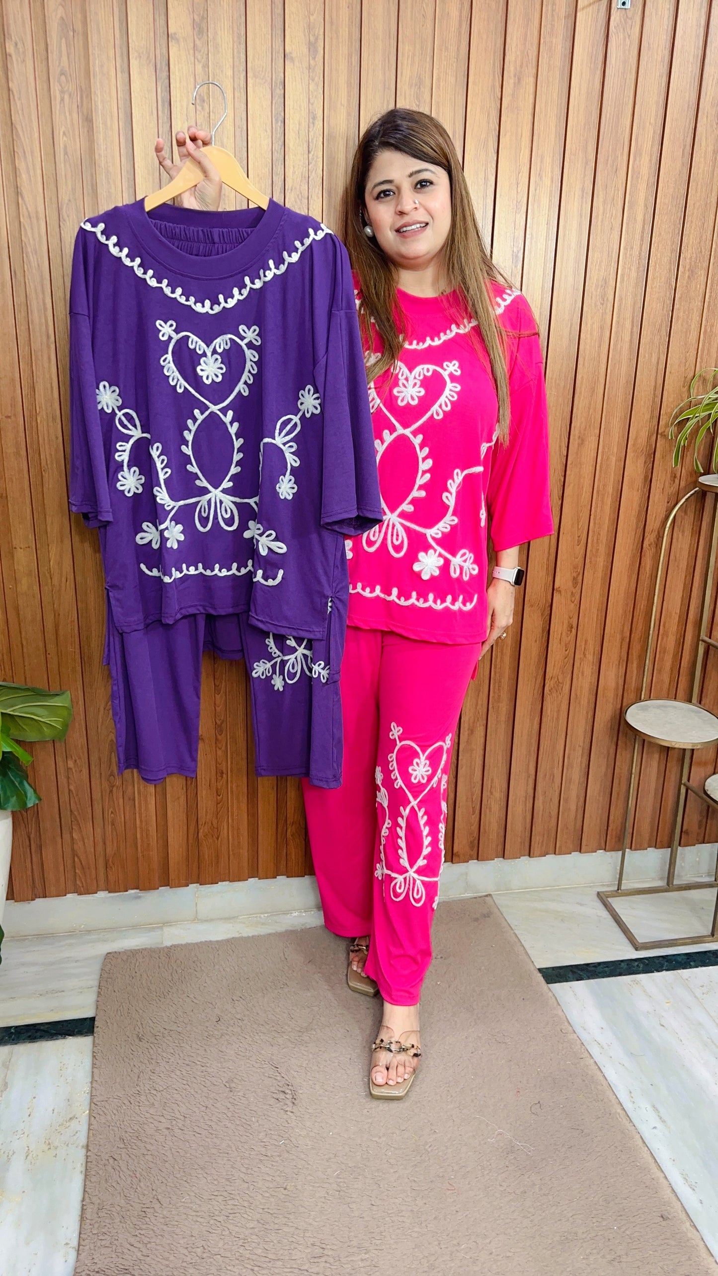 Heart Embroidery Ribbed Coord set