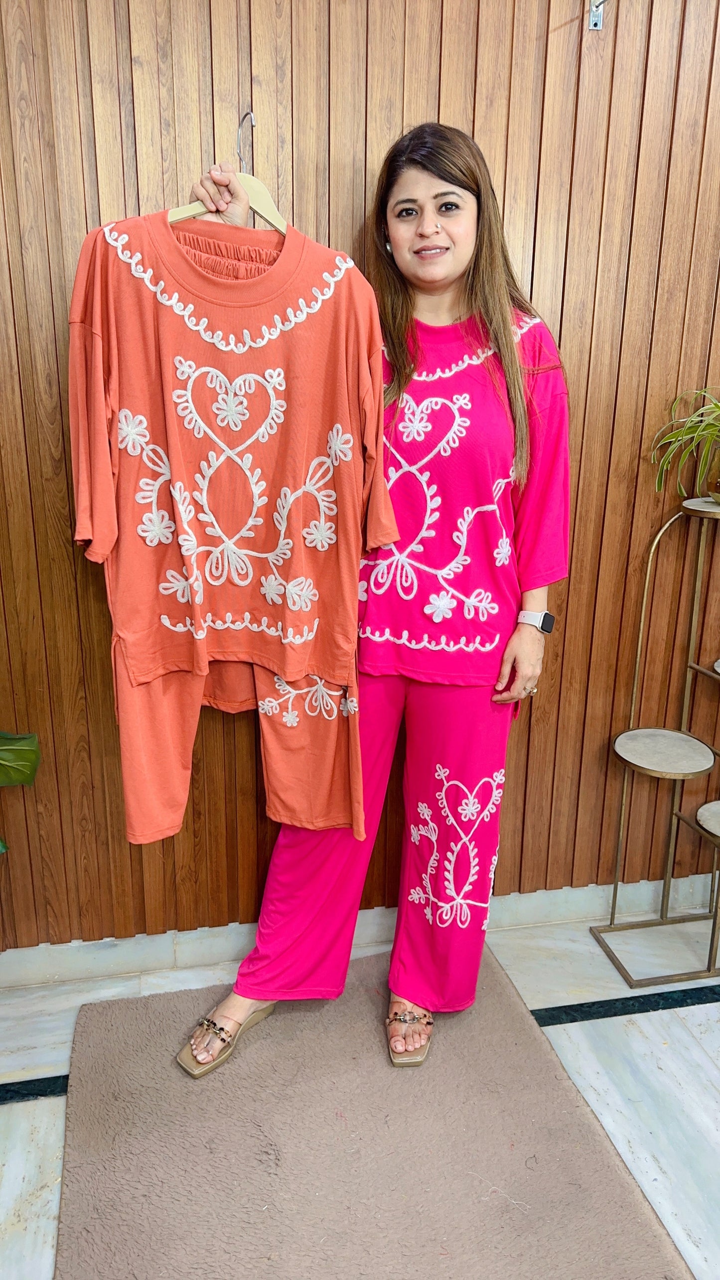 Heart Embroidery Ribbed Coord set