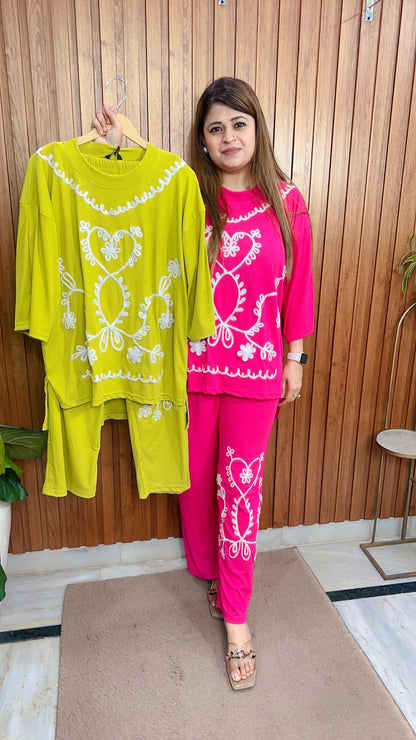 Heart Embroidery Ribbed Coord set