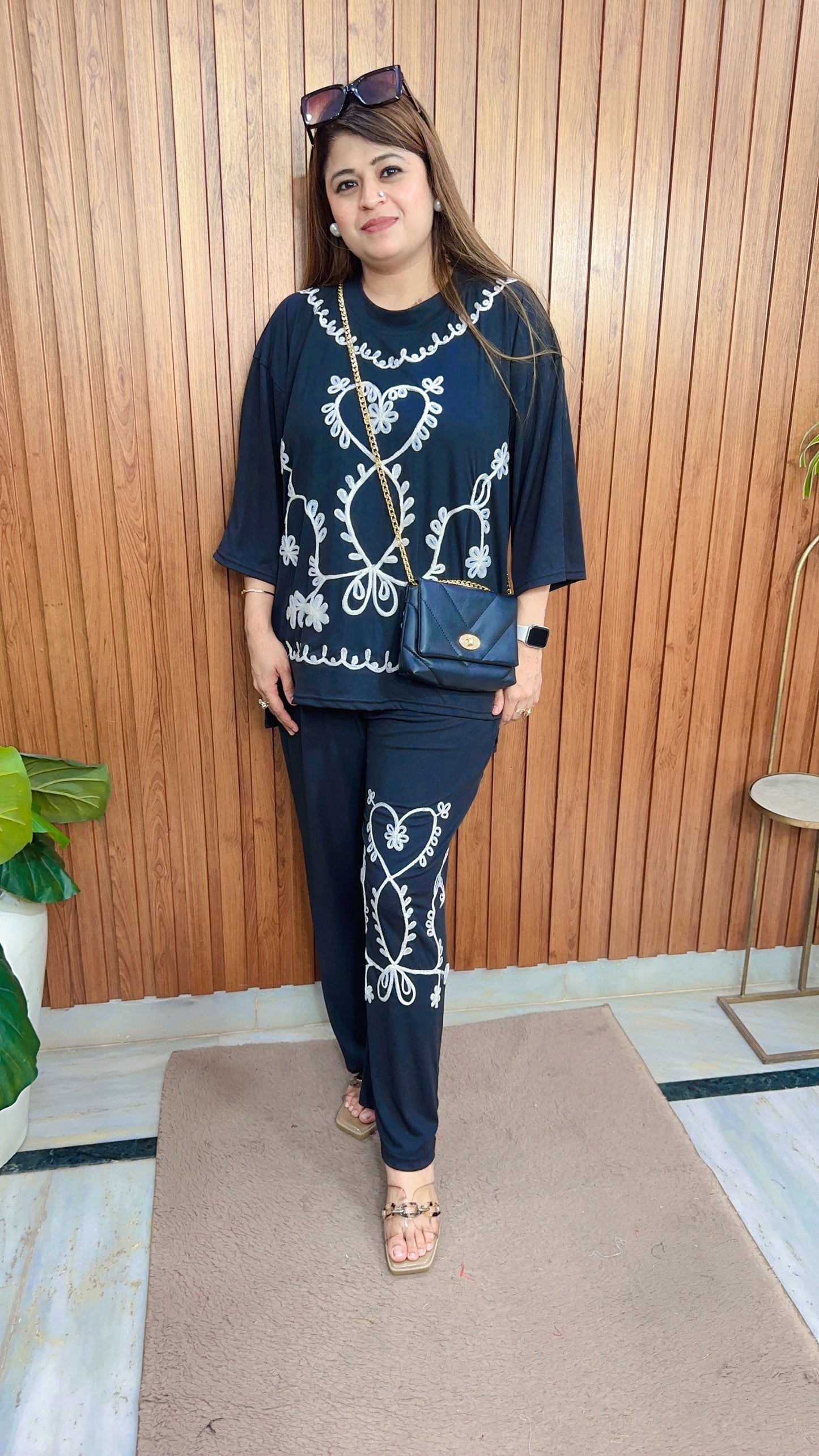 Heart Embroidery Ribbed Coord set