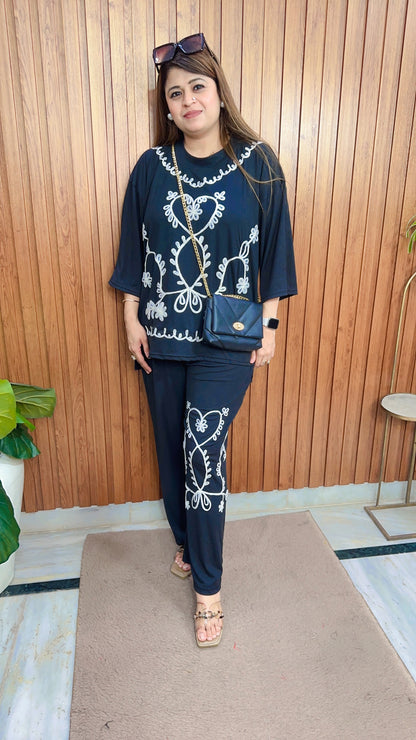 Heart Embroidery Ribbed Coord set