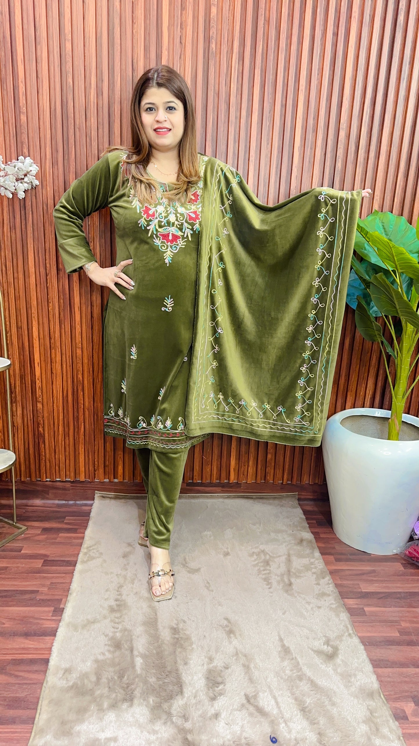 Kashmiri multi Thread work velvet suit