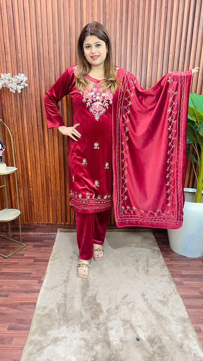 Kashmiri multi Thread work velvet suit